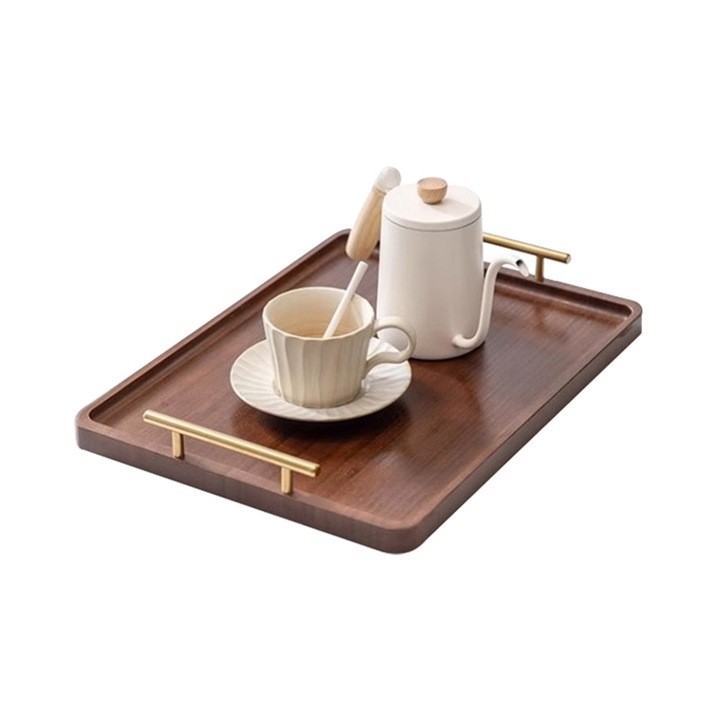 Tava de Servire din Bambus 40x30 cm, cu Manere Metalice, Tava Decorativa pentru Cafea, Ceai, Mic Dejun si Organizare, Maro
