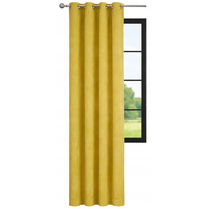 Draperie Gata Facuta, Now-Art, Model Neted Clasic, 140x270 cm, 100% Poliester Catifea Velur, Prindere Simpla Pe Inele Metalice Pentru Galerie, Potrivita Pentru Living Dormitor Birou, Gramaj 210g/m2, Eleganta, Rezistenta La Cute, Design Lux, Mustar