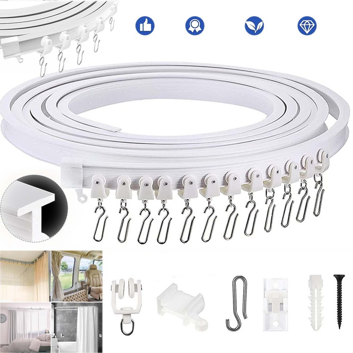 Sina de perdea flexibila.Cu suruburi, role de cale ferata, carlige de prindere, role de senile.Montare pe tavan.Demontabile, Asamblare flexibila, Usor de instalat, Potrivit pentru perdele, dormitoare si bai. PVC/Metal, Capacitate portanta buna，5M，Alb
