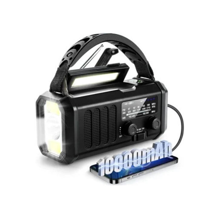 Соларно радио с манивела, 10000mAh, AM/FM, черно