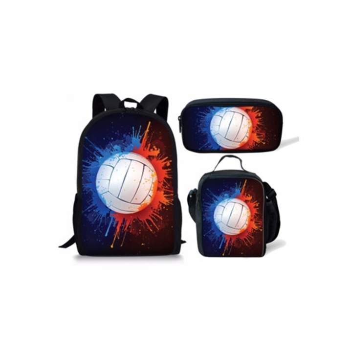 Ghiozdan pentru copii cu set de cutie pentru pranz si penar, model Volleyball A, 8-12 ani