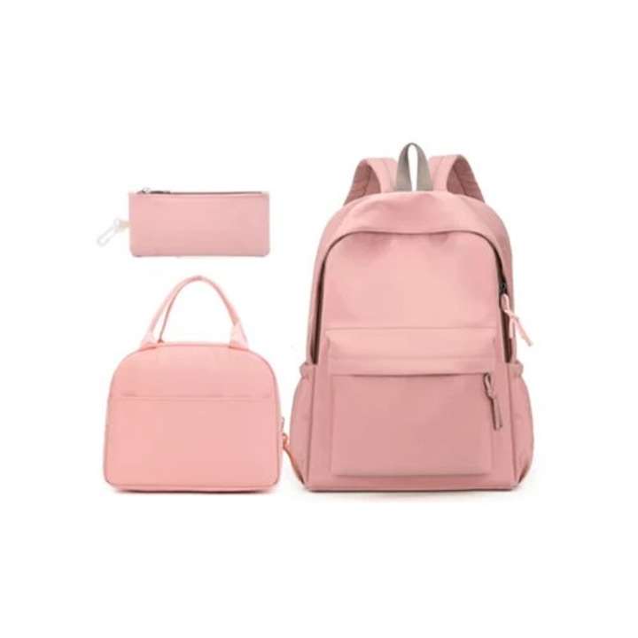 Ghiozdan 3-in-1 cu cutie de pranz si penar, roz