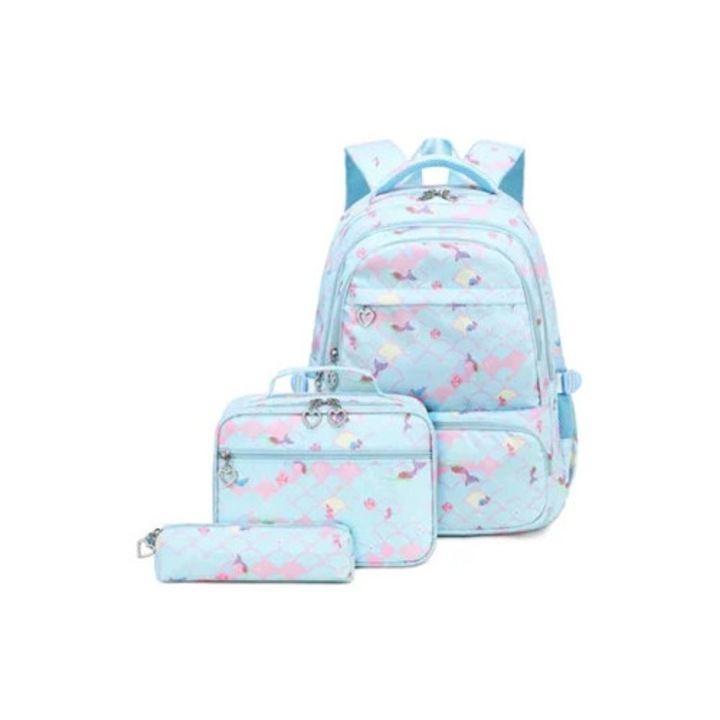 Set ghiozdan 3 piese cu cutie de pranz si penar, albastru deschis