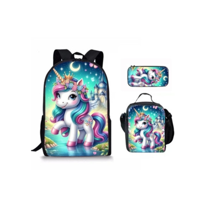 Set ghiozdan scolar unicorn 3 piese, include ghiozdan, cutie pranz si penar, multicolor