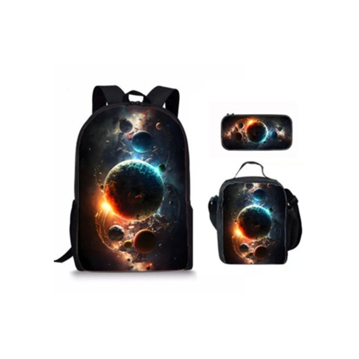 Ghiozdan scolar 3 in 1 cu cutie de pranz si penar, Space Planet, multicolor