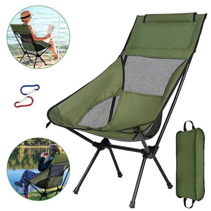 Scaun De Camping Usor, Pliabil, Cu Spatar Inalt Si Suport Pentru Cap, Stabil Si Portabil, Scaun Pliabil In Aer Liber Cu Geanta De Transport, Pentru Calatorii, Plaja, Picnic, Festivaluri, Drumetii