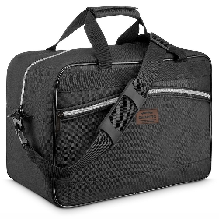 Geanta de voiaj, Zagatto® ZG1146, Bagaj de mana avion 40x20x25 cm Wizz Air & Ryanair, Impermeabila, Curea de umar detasabila si reglabila, Usoara 400g, Picioare de protectie, Fixare troler, Negru
