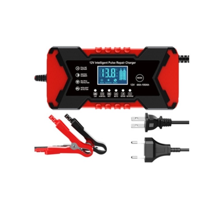 Autó akkumulátor töltő 12V 6A LCD kijelzővel, akkumulátor javításhoz, piros