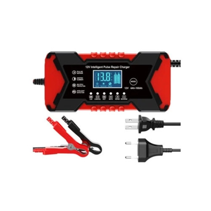 Зарядно за кола 12V 6A с LCD дисплей, ремонт, за автомобили, лодки, мотоциклети, червено
