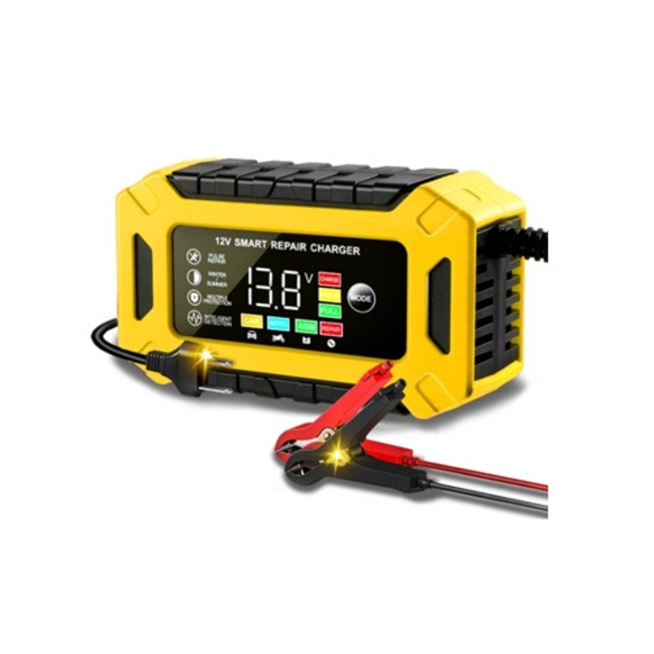 Зарядно за кола 12V 6A за мокри и сухи гел батерии, жълто