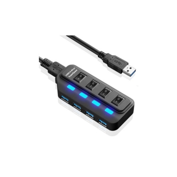 Többportos USB elosztó, 4 db USB 3.0 port egyedi tápkapcsolóval