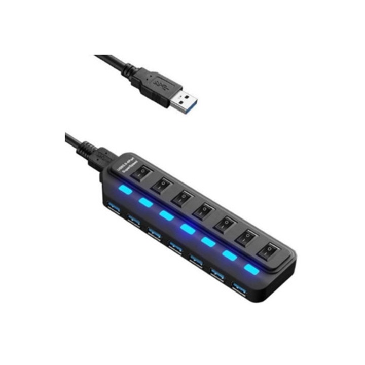 Többportos USB elosztó, 7 USB 3.0 port egyedi tápkapcsolóval