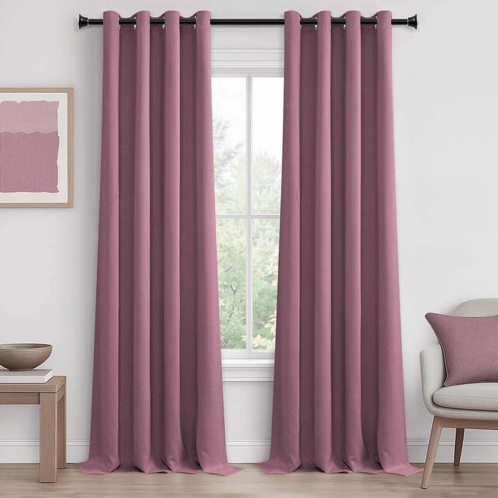 Draperie opaca cu ocheti, termo-izolanta, roz deschis, 140X260 cm, set 2 buc