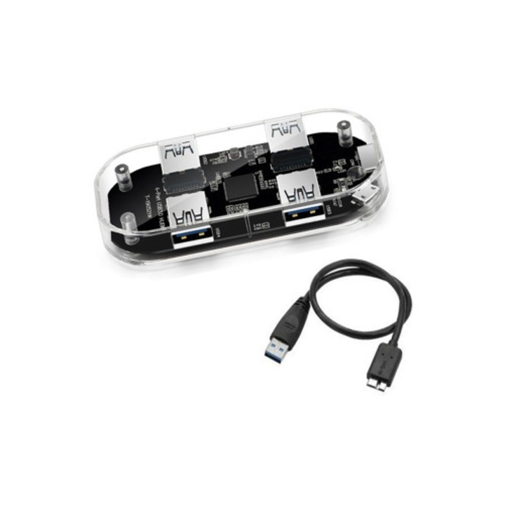 USB 3.0 hub, 4 portos, átlátszó
