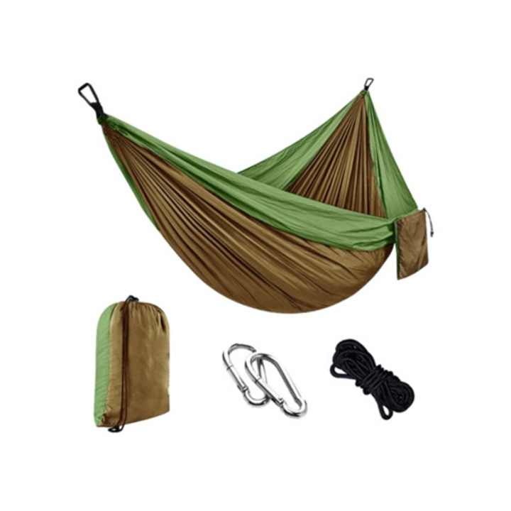 Egyszerű függőágy 2m kötéllel és karabinerrel, 270x140cm, olívazöld, teve