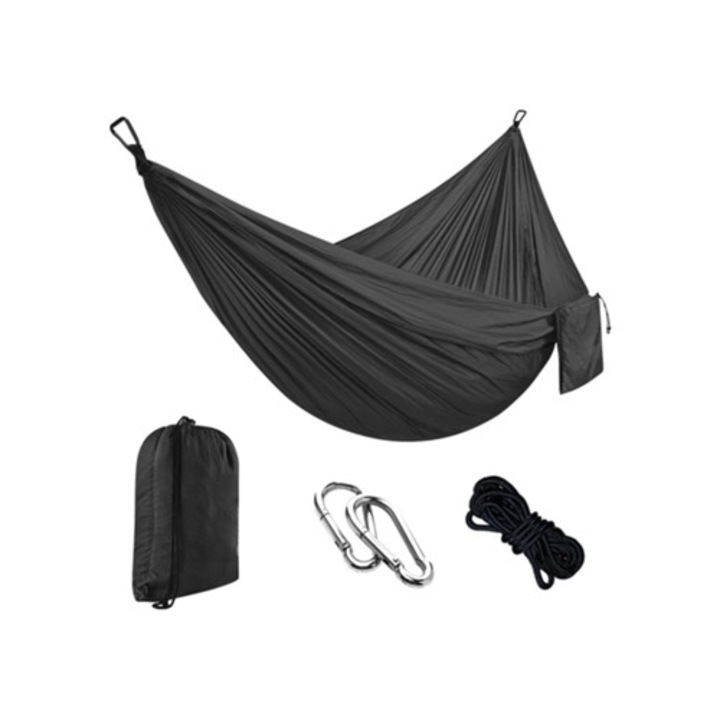 Egyszerű függőágy 2m kötéllel és karabinerrel, 270x140cm, fekete