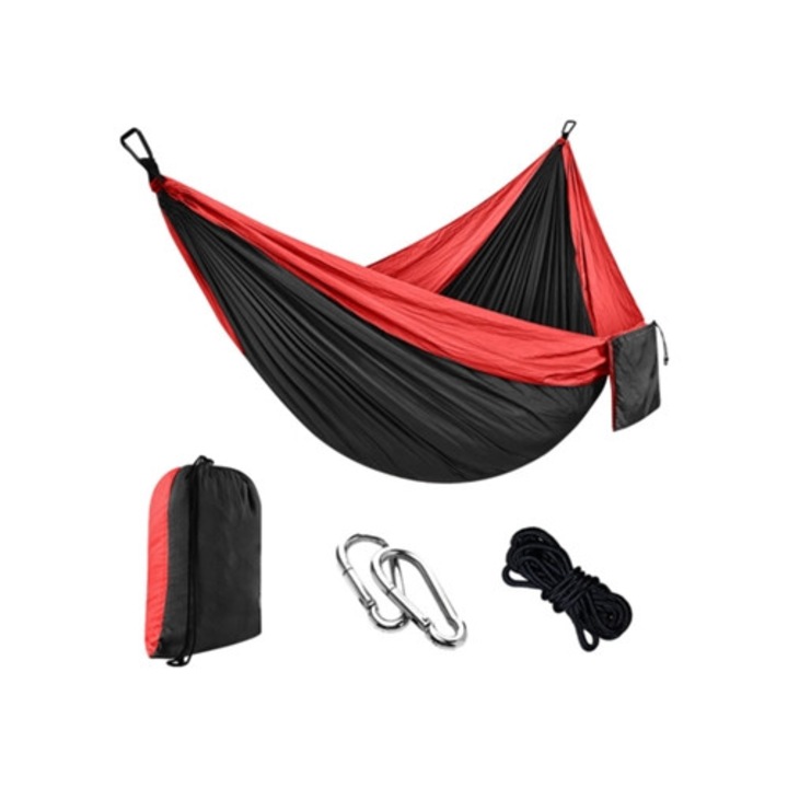 Egyszerű függőágy 2m kötéllel és karabinerrel, 270x140cm, piros és fekete