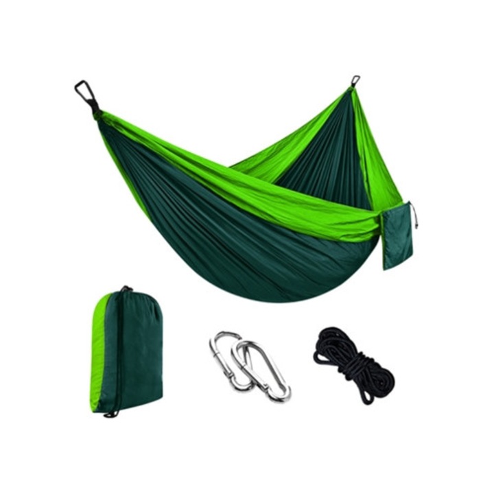 Egyszerű függőágy 2m kötéllel és karabinerrel, 270x140cm, gyümölcszöld és sötétzöld