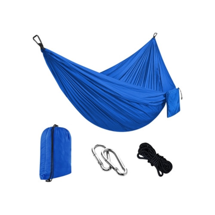 Egyszerű függőágy 2m kötéllel és karabinerrel, 270x140cm, királykék