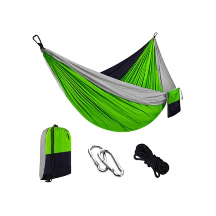 Egyszerű függőágy 2m kötéllel és karabinerrel, 270x140cm, szürke/gyümölcszöld/tengerészkék