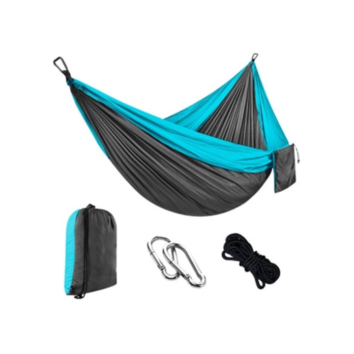 Egyszerű függőágy 2m kötéllel és karabinerrel, 270x140cm, világoskék, sötétszürke