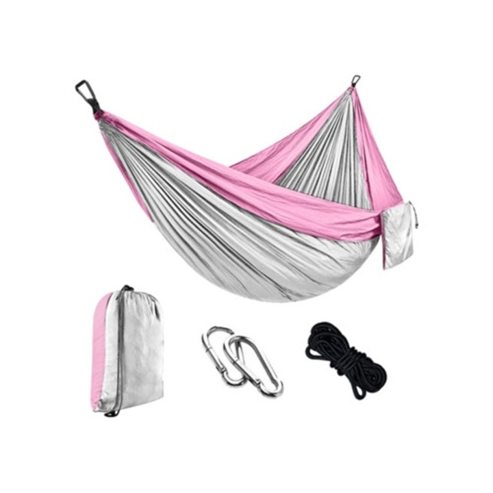 Egyszerű függőágy 2m kötéllel és karabinerrel, 270x140cm, világos rózsaszín, világos szürke