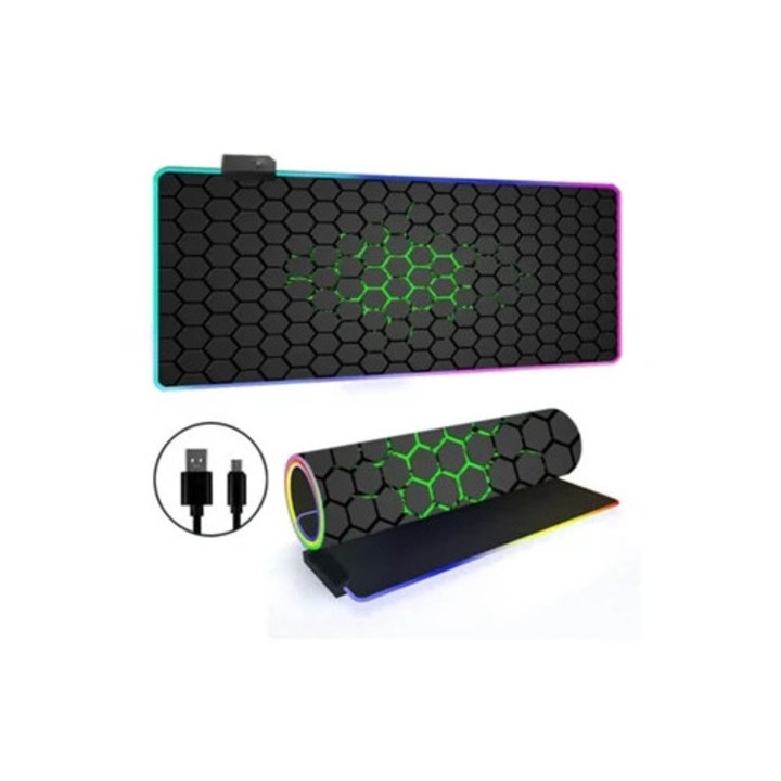Mousepad cu 14 moduri de iluminare RGB, baza antiderapanta, 300x600x3mm