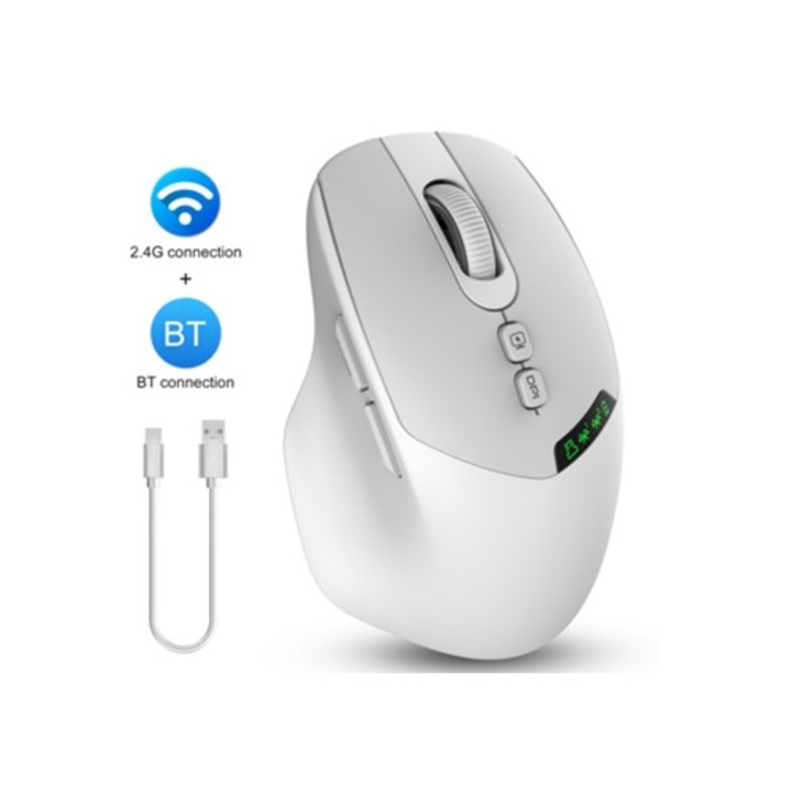 Mouse Gaming, OLED, Conectivitate Dual Bluetooth si USB, Design Silentios, Alb