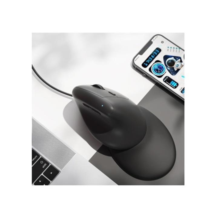 Mouse vertical cu interfata USB, 4 DPI ajustabili, cu suport pentru palma detasabil, negru