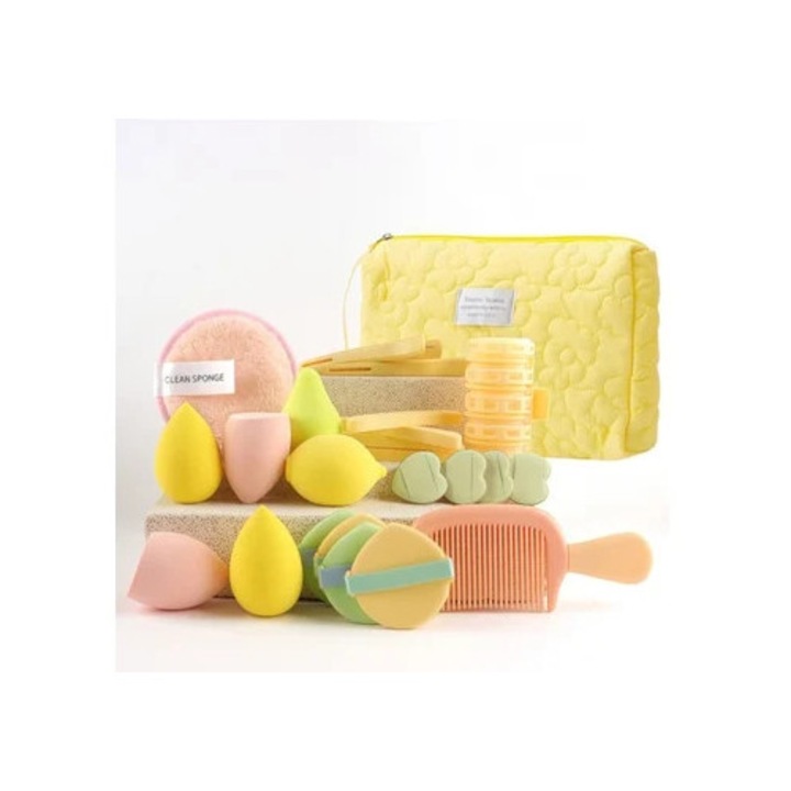 Set pensule machiaj cu flori galbene, 24 piese