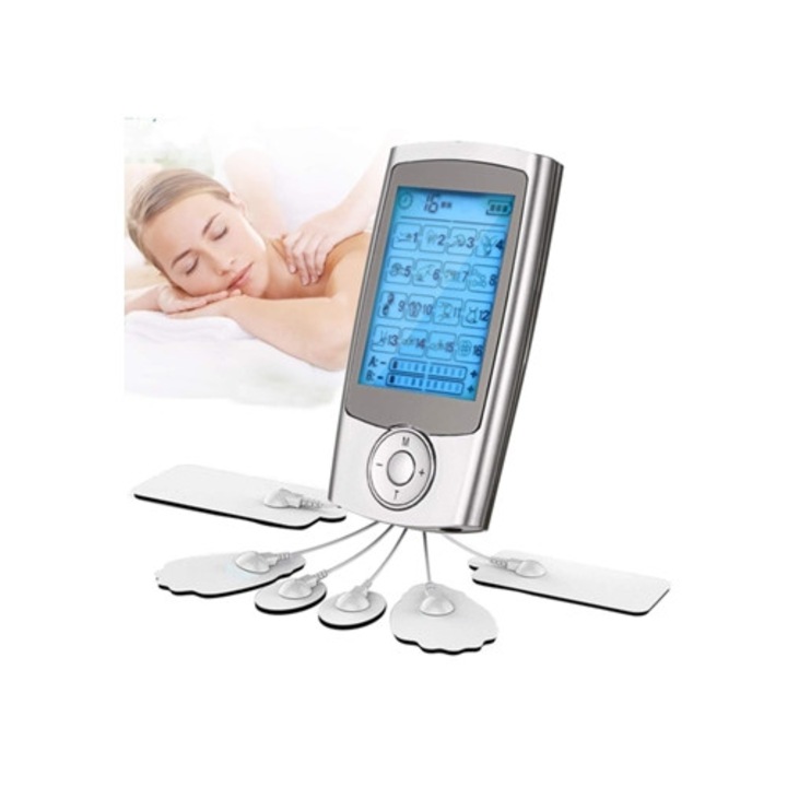 Stimulator muscular, terapie prin impulsuri USB, 36 moduri, 4 pad-uri, argintiu