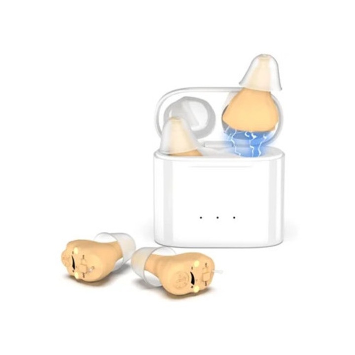 Vezeték nélküli zajszűrős fülhallgató, bőrszínű, hordozható töltőtokkal