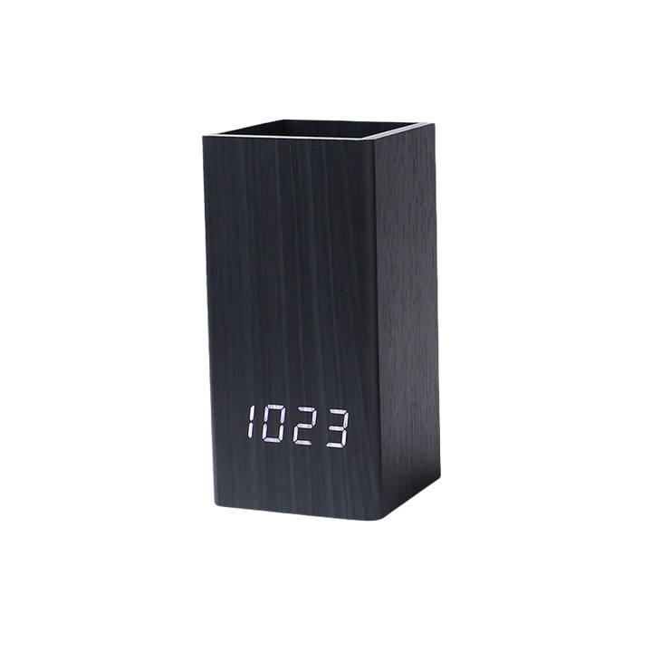 Ceruzatartó, asztali, LED kijelzővel, órával, hangvezérléssel, ORBER, hőmérővel, ébresztővel, naptárral, 3 db AA elemmel vagy USB kábellel működtethető, fából, 70 × 70 × 140 mm, fekete