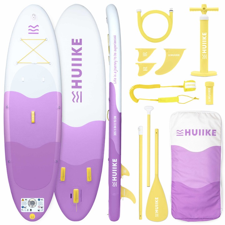 Placa Stand Up Paddle Gonflabila cu Accesorii Premium - HUIIKE, Set Placa Gonflabila Albastra cu Vasla din Aluminiu, Pompa si Lesa, Stabilitate Mare si Rezistenta Superioara