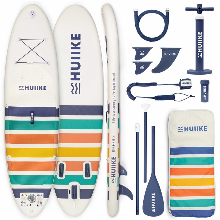 Placa Stand Up Paddle Gonflabila cu Accesorii Premium - HUIIKE, Set Placa Gonflabila Albastra cu Vasla din Aluminiu, Pompa si Lesa, Stabilitate Mare si Rezistenta Superioara