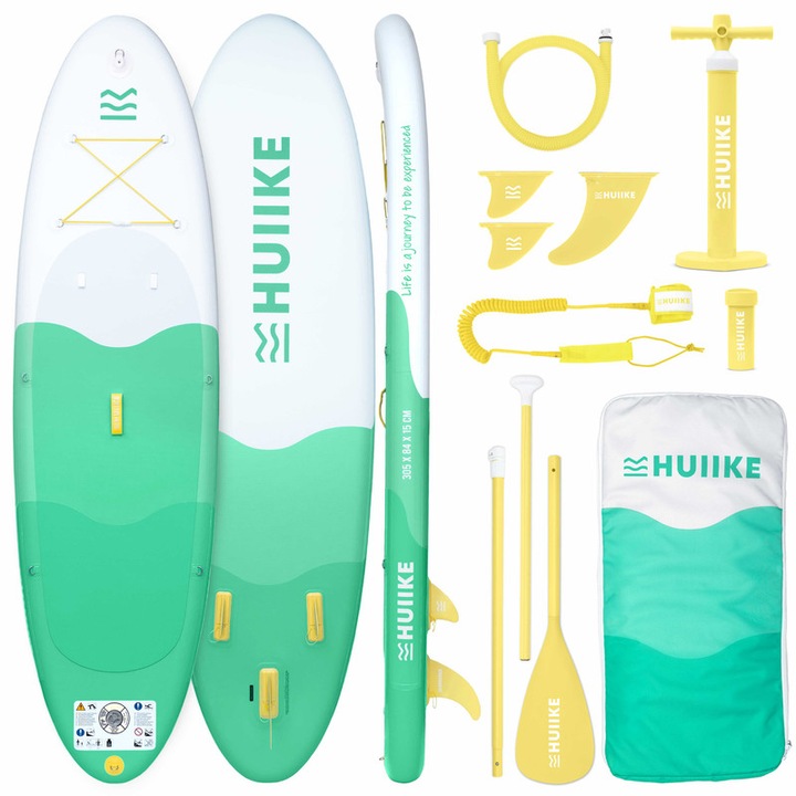 Placa Stand Up Paddle Gonflabila cu Accesorii Premium - HUIIKE, Set Placa Gonflabila Albastra cu Vasla din Aluminiu, Pompa si Lesa, Stabilitate Mare si Rezistenta Superioara