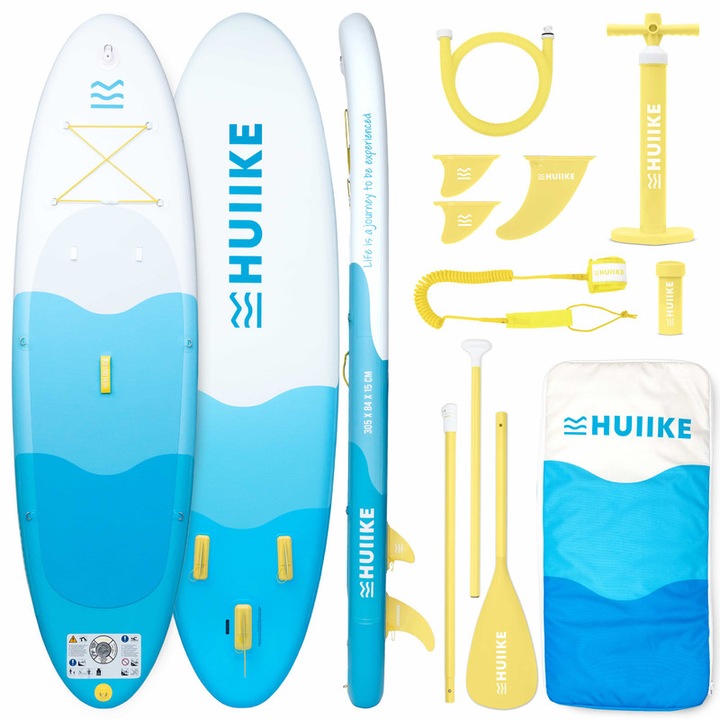 Placa Stand Up Paddle Gonflabila cu Accesorii Premium - HUIIKE, Set Placa Gonflabila Albastra cu Vasla din Aluminiu, Pompa si Lesa, Stabilitate Mare si Rezistenta Superioara
