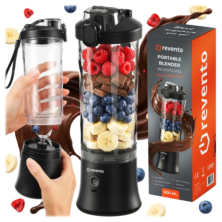 Blender Portabil cu Acumulator, Revento Vita, 150W, 600 ml, 6 Lame din Otel Inoxidabil, 18000 Rpm, Baterie 4000 mAh, Incarcare USB-C, Fara BPA, Negru