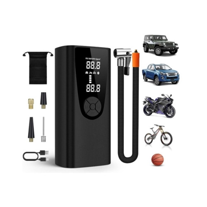Преносим автомобилен компресор 8000mAh/150Psi с дигитален дисплей за налягане в гумите