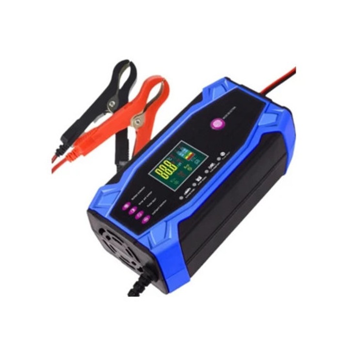 Autós akkumulátortöltő 10A 12V/24V javítási móddal és LCD kijelzővel, kék