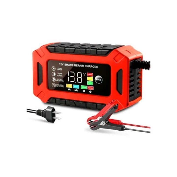 Зарядно за кола 12V 6A за мокри и сухи гелови батерии, червено