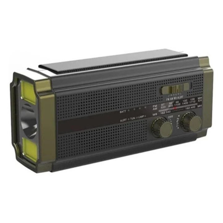 Соларно аварийно радио с манивела, 5000mAh, 5 режима на захранване, сиво и зелено