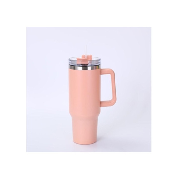 Термос от неръждаема стомана 40oz, голям капацитет, със сламка, праскова