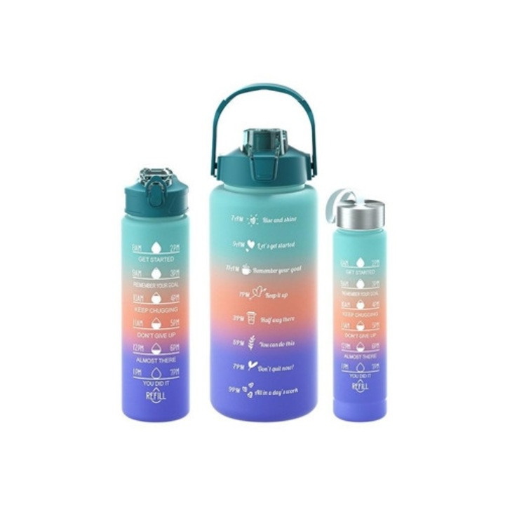 Мотивационни бутилки със сламка, комплект от 3, 67oz, 27oz, 10oz, зелени