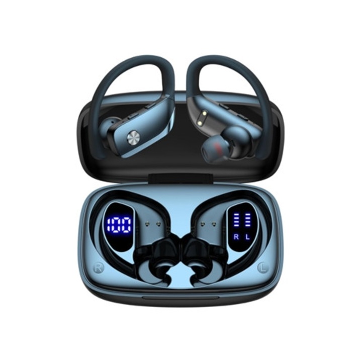 Vezeték nélküli sport fülhallgató, LED kijelzővel, mikrofonnal, fekete színben