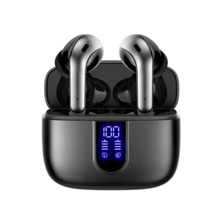 Vezeték nélküli fülhallgató LED kijelzővel és vezeték nélküli töltőtokkal, fekete