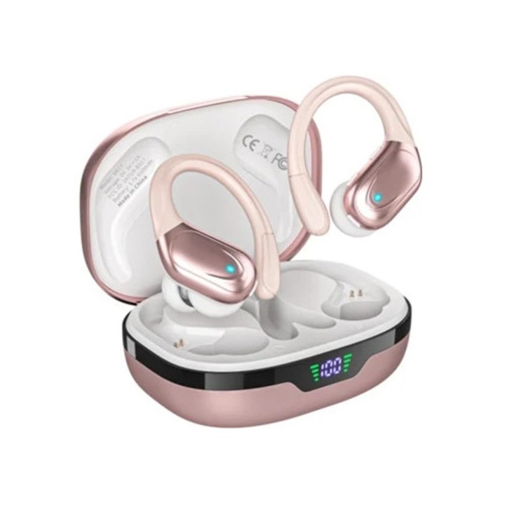 Vezeték nélküli fejhallgató, Bluetooth, 80 óra üzemidő, LED kijelzővel, rózsaszín