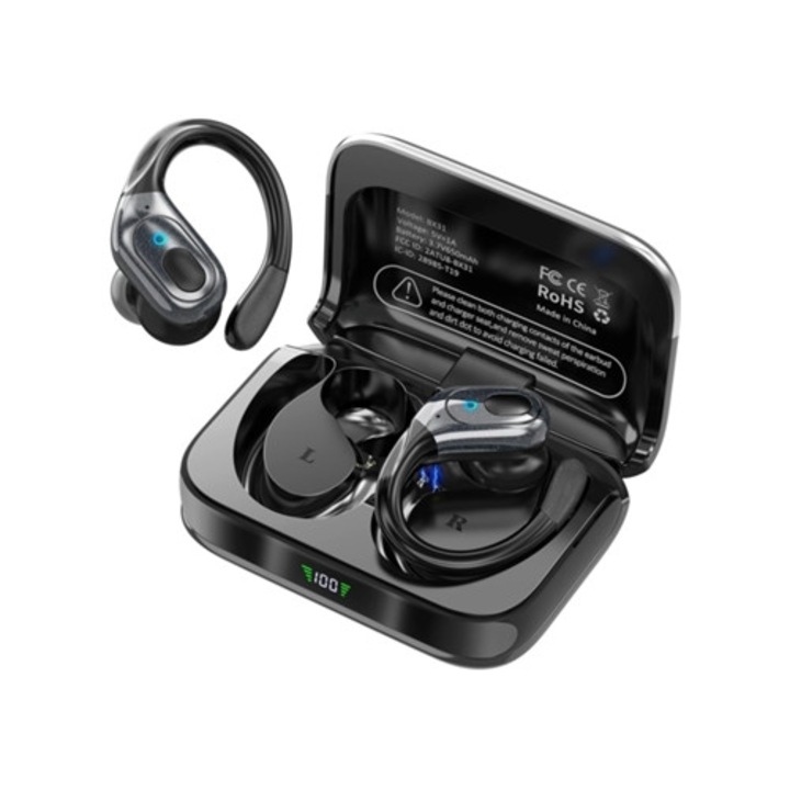 Vezeték nélküli fülhallgató, 75 óra üzemidő, töltőtok LED kijelzővel, IPX7 vízállóság