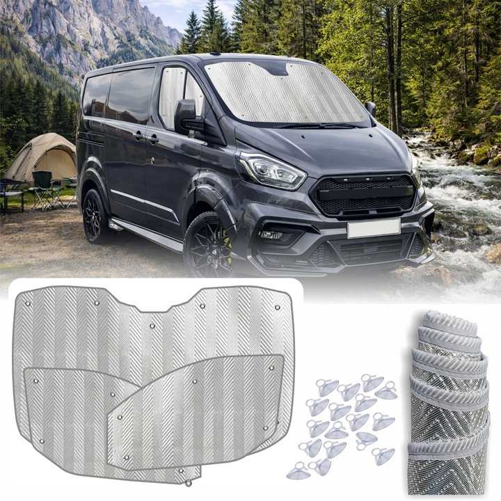 Hőszigetelő autó napellenzők Ford Transit Custom 2012–2023 kabinhoz, 3 darabos készlet, UV-védelem, összecsukható, ezüst/szürke