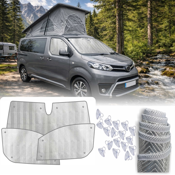 Hőszigetelő napellenző, Toyota Proace, Citroen Jumpy, Citroen SpaceTourer 2016–2026, 3 darabos készlet, UV-védelem, összecsukható, ezüst/szürke